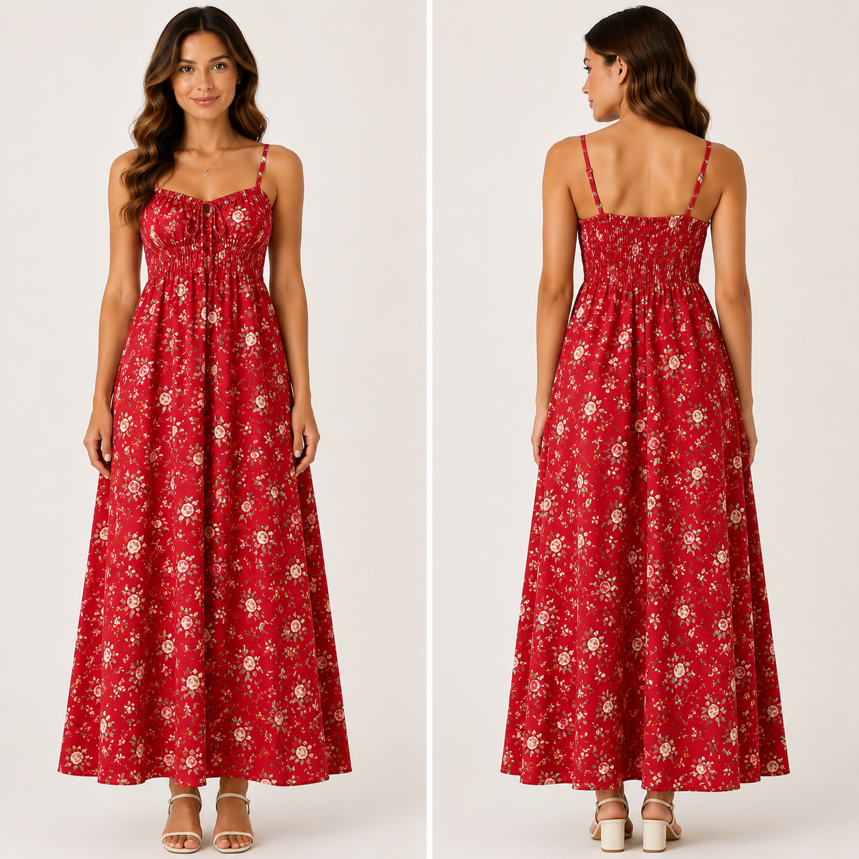 Robe Longue Fleurie Beige Bohème Élégante Bretelles Réglables Femme