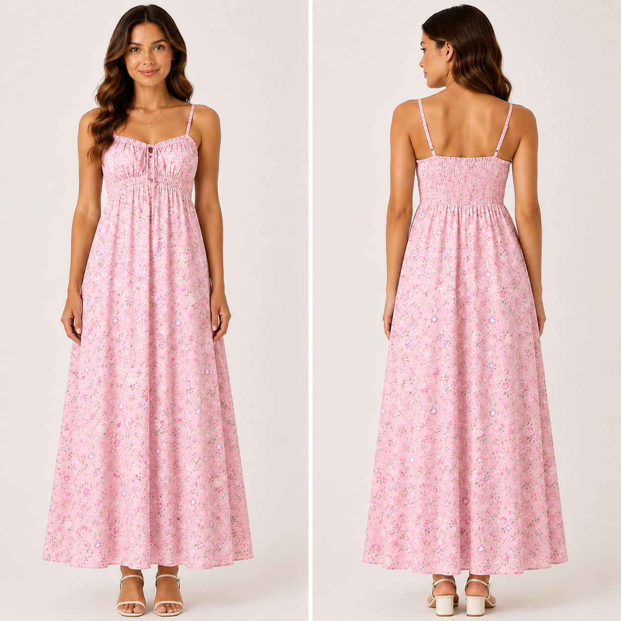 Robe Longue Fleurie Beige Bohème Élégante Bretelles Réglables Femme
