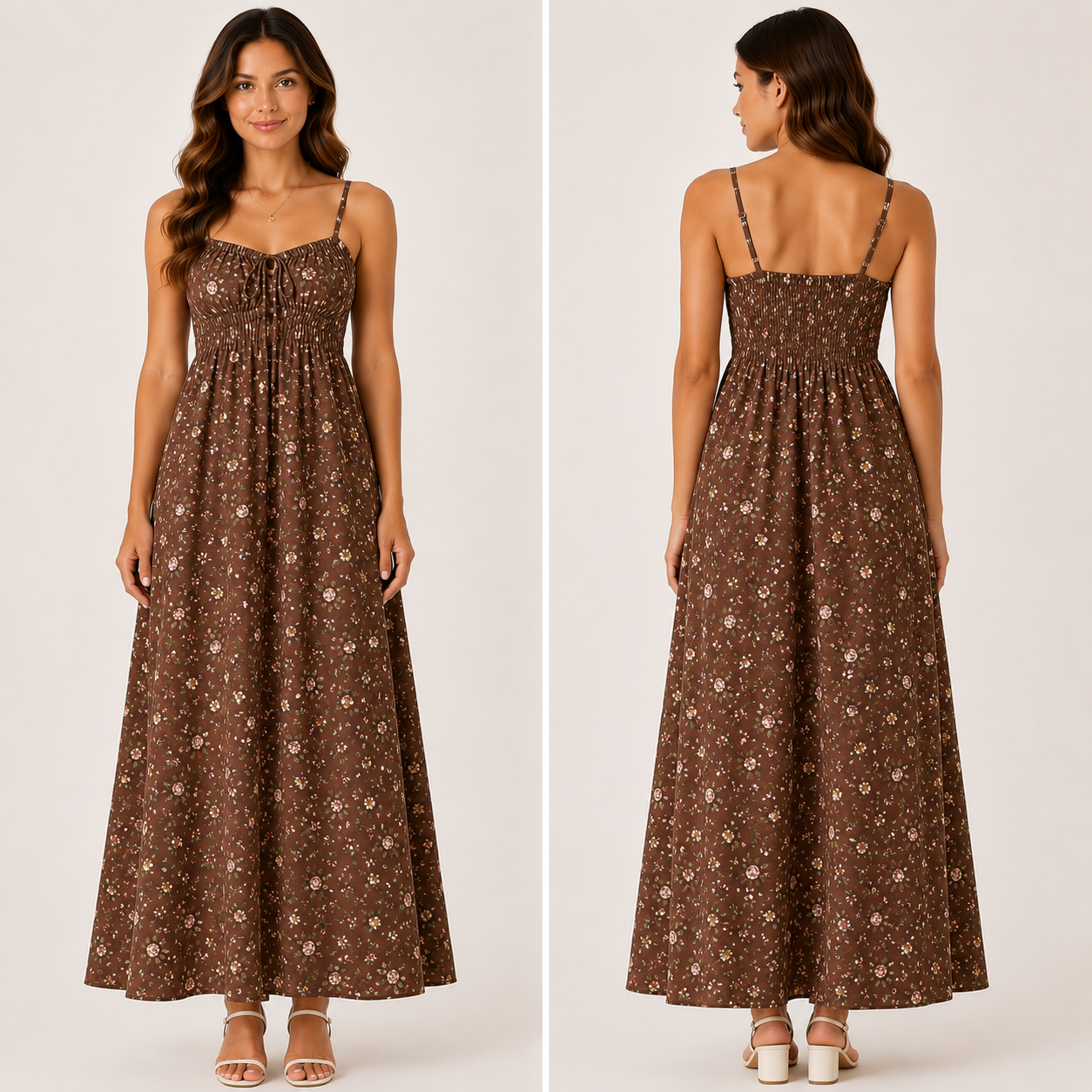Robe Longue Fleurie Beige Bohème Élégante Bretelles Réglables Femme