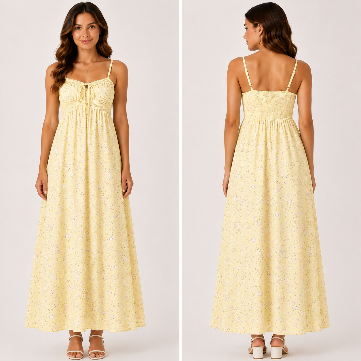 Robe Longue Fleurie Beige Bohème Élégante Bretelles Réglables Femme