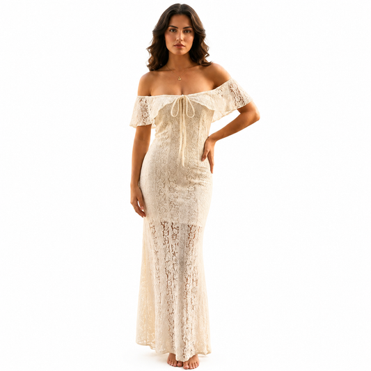 Robe Longue Dentelle Femme Col Bardot Bohème Chic Élégante