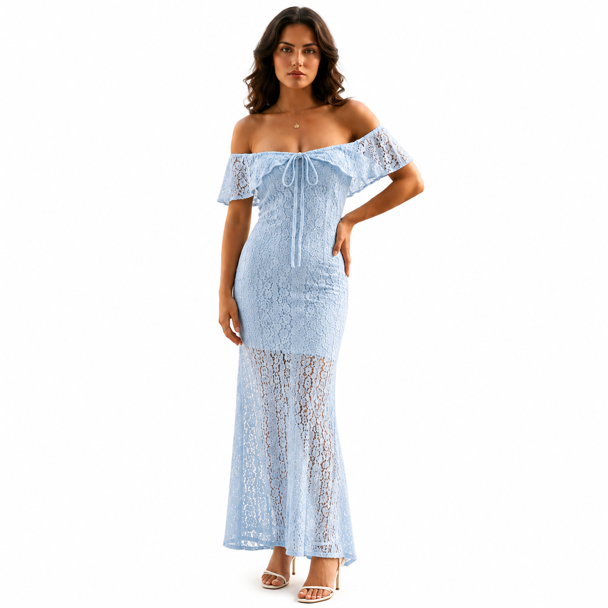 Robe Longue Dentelle Femme Col Bardot Bohème Chic Élégante
