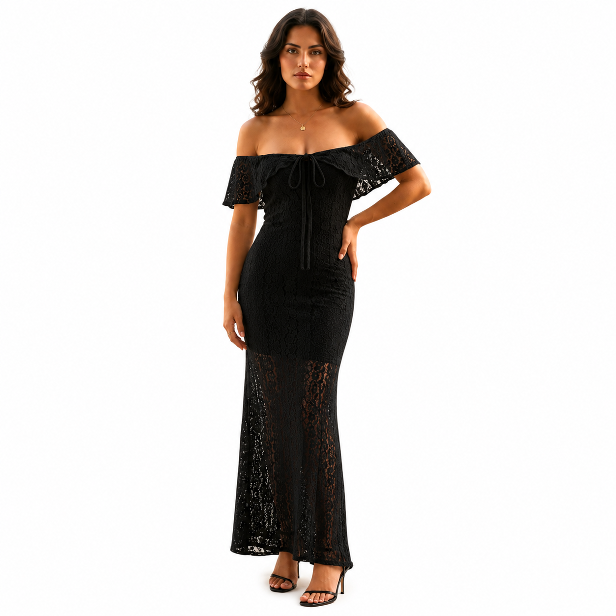 Robe Longue Dentelle Femme Col Bardot Bohème Chic Élégante