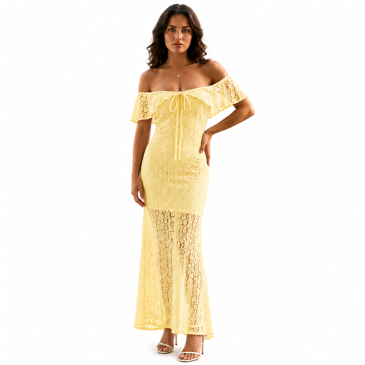 Robe Longue Dentelle Femme Col Bardot Bohème Chic Élégante