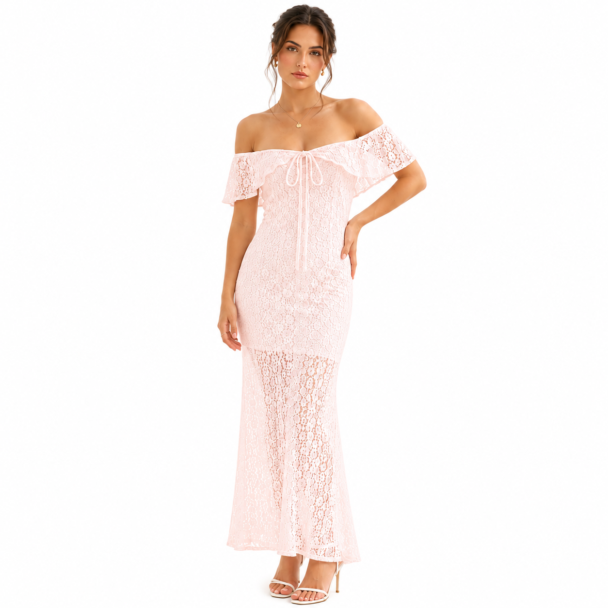 Robe Longue Dentelle Femme Col Bardot Bohème Chic Élégante