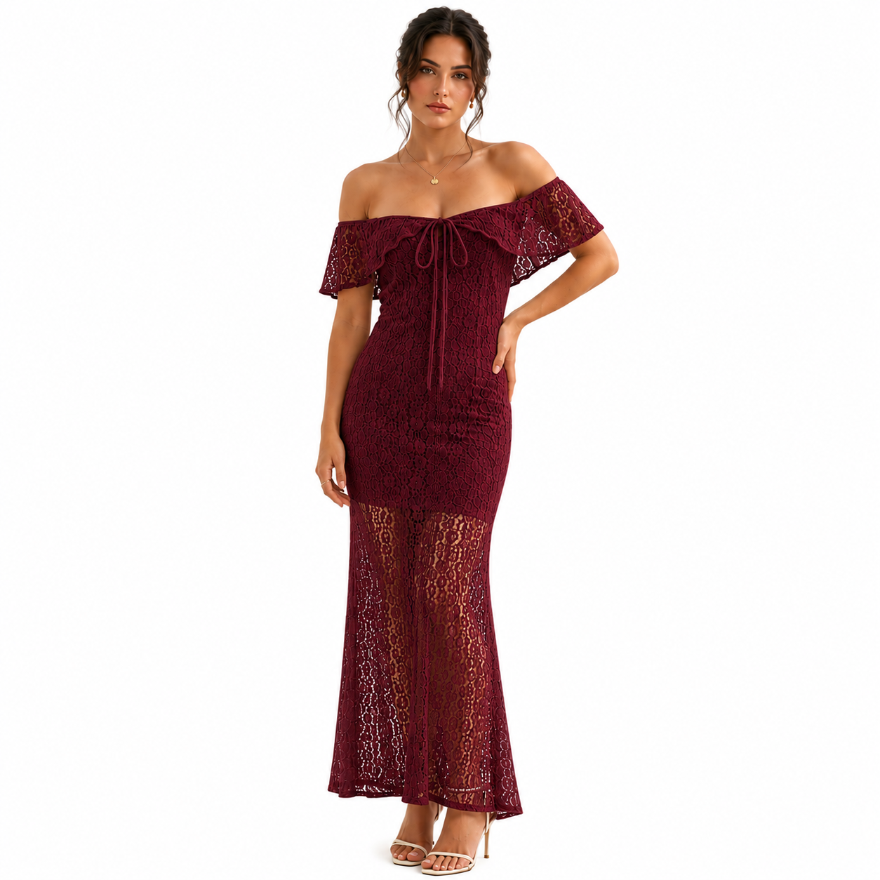 Robe Longue Dentelle Femme Col Bardot Bohème Chic Élégante