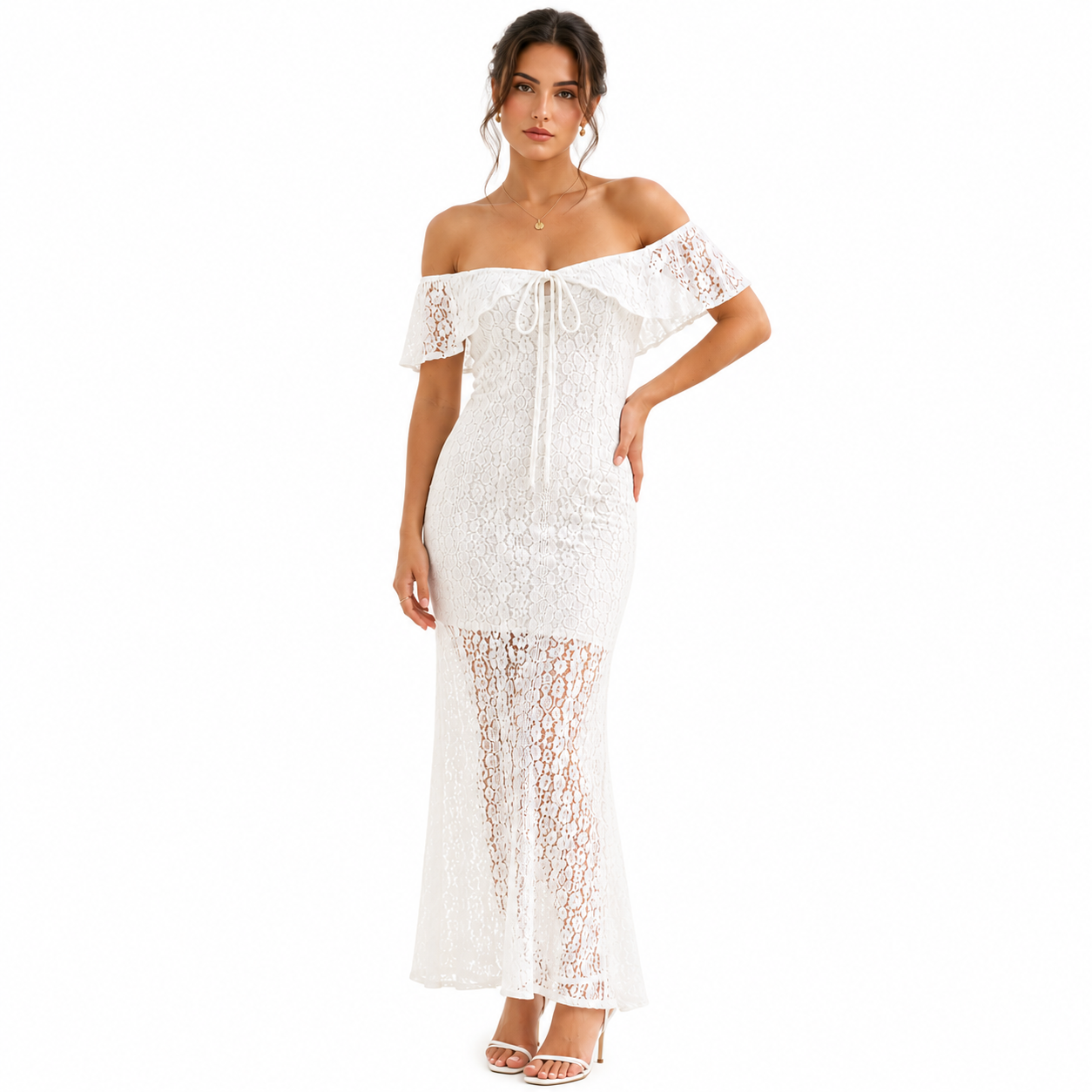 Robe Longue Dentelle Femme Col Bardot Bohème Chic Élégante