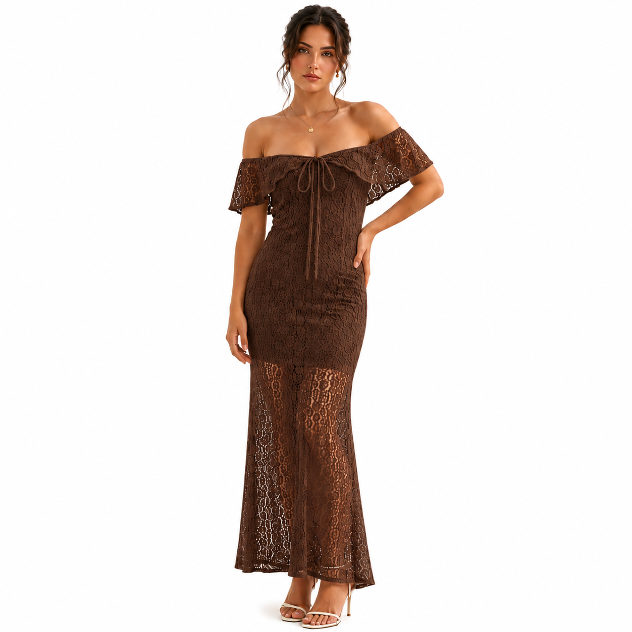 Robe Longue Dentelle Femme Col Bardot Bohème Chic Élégante