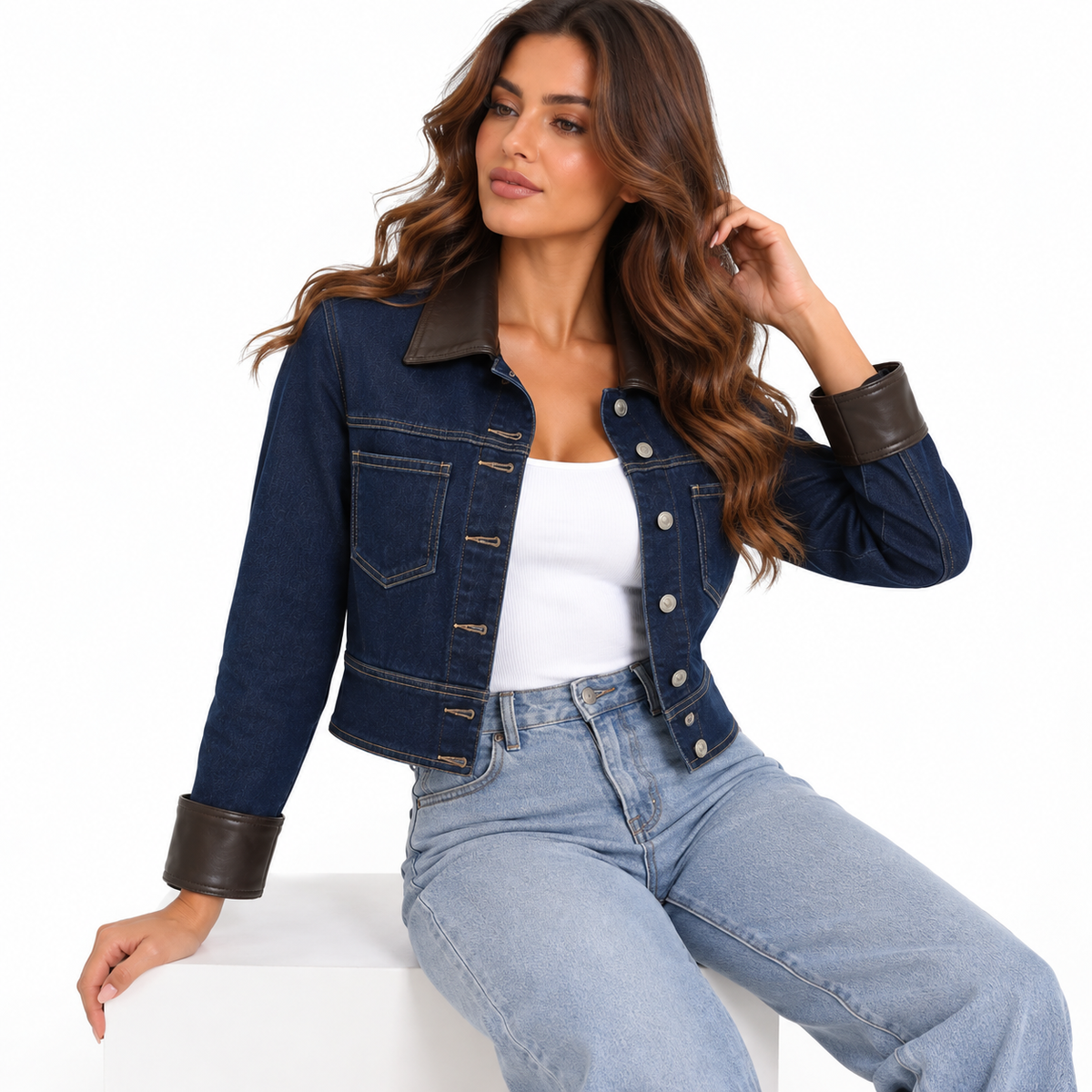 Veste en Jean Femme Courte avec Col et Poignets Simili Cuir – Veste Denim Chic Tendance