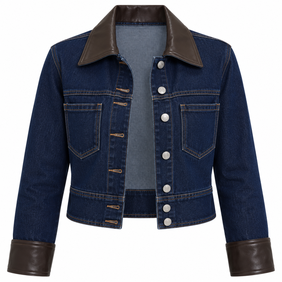 Veste en Jean Femme Courte avec Col et Poignets Simili Cuir – Veste Denim Chic Tendance