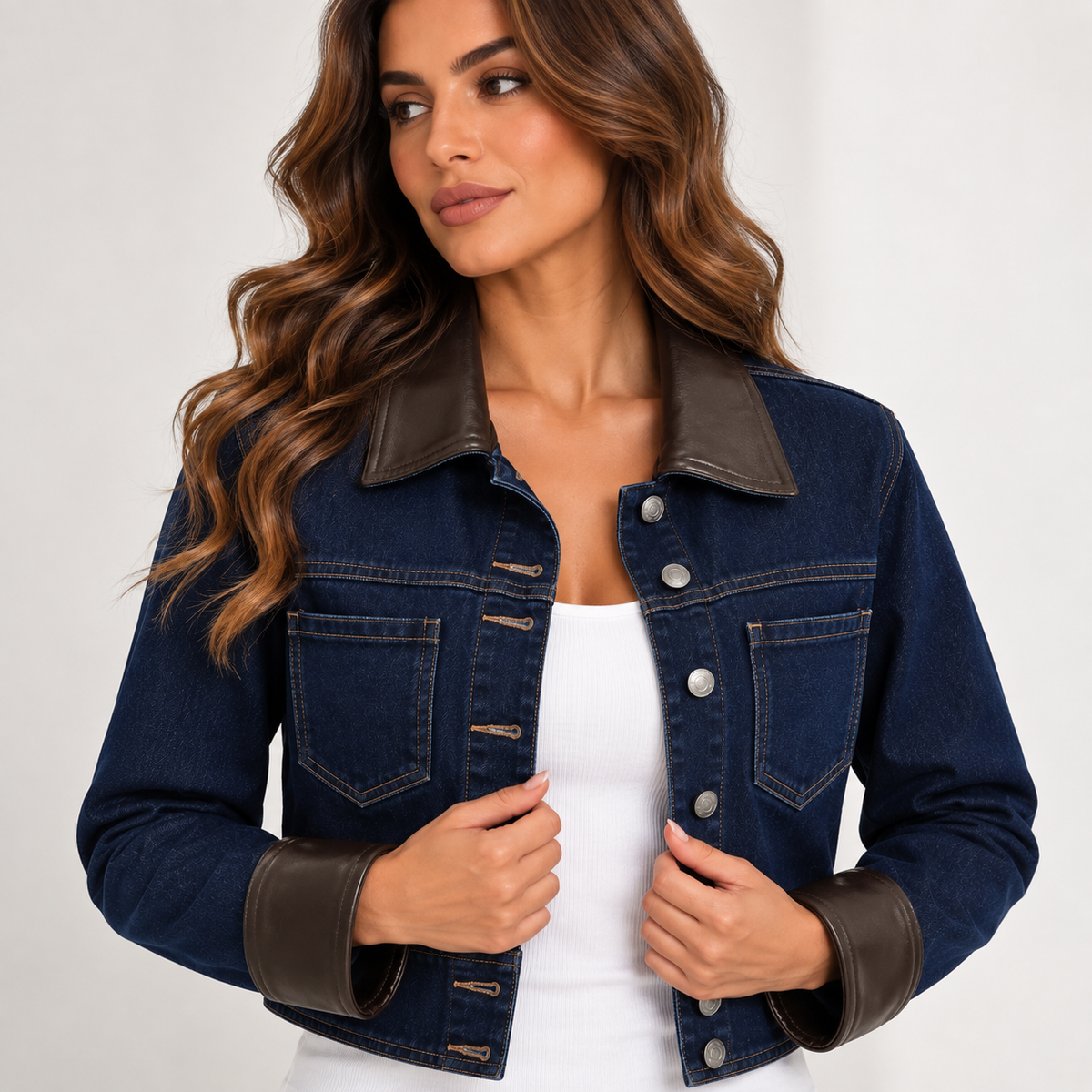 Veste en Jean Femme Courte avec Col et Poignets Simili Cuir – Veste Denim Chic Tendance
