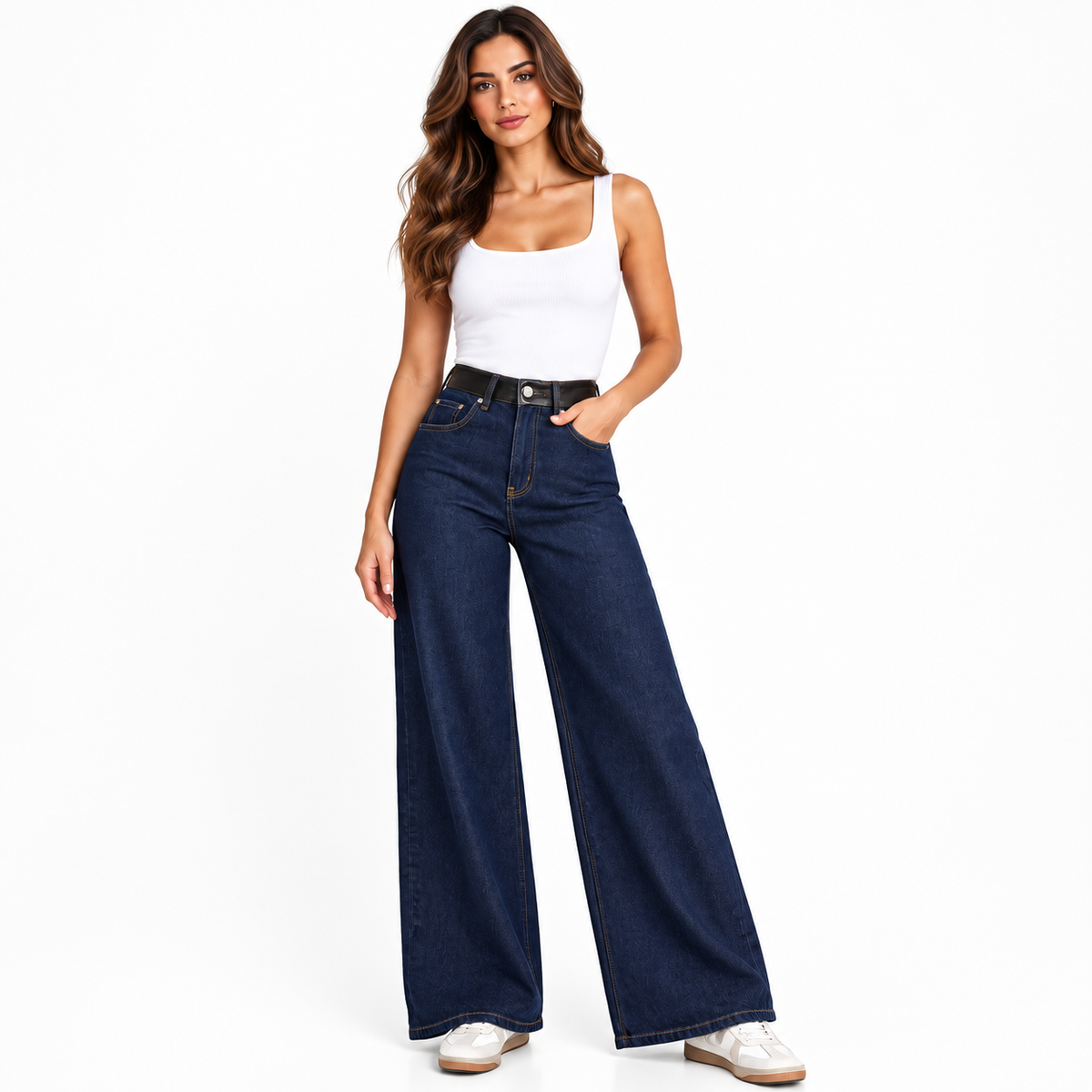 Jean Femme Taille Haute avec Ceinture Simili Cuir – Coupe Large Tendance