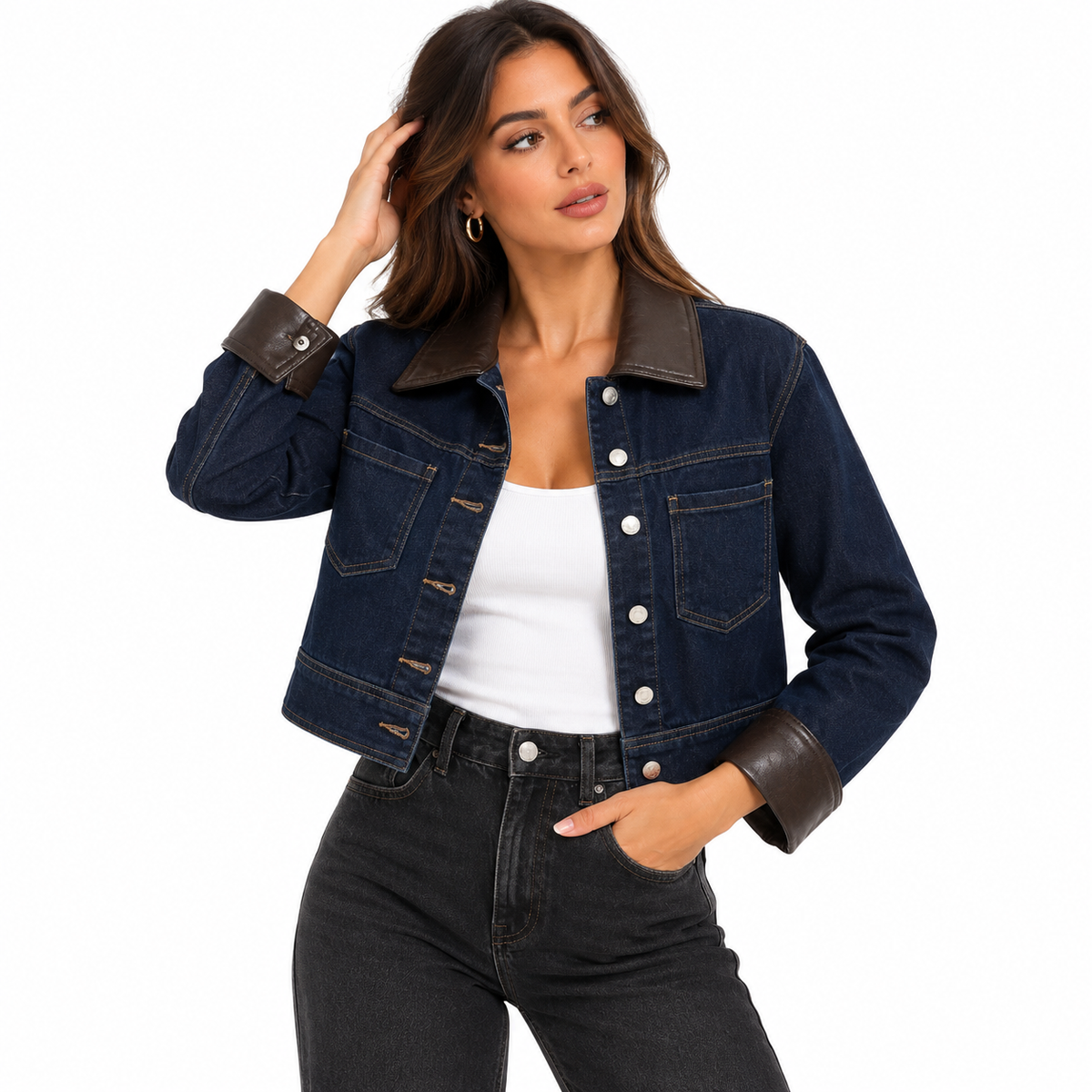 Veste en Jean Femme Courte avec Col et Poignets Simili Cuir – Veste Denim Chic Tendance