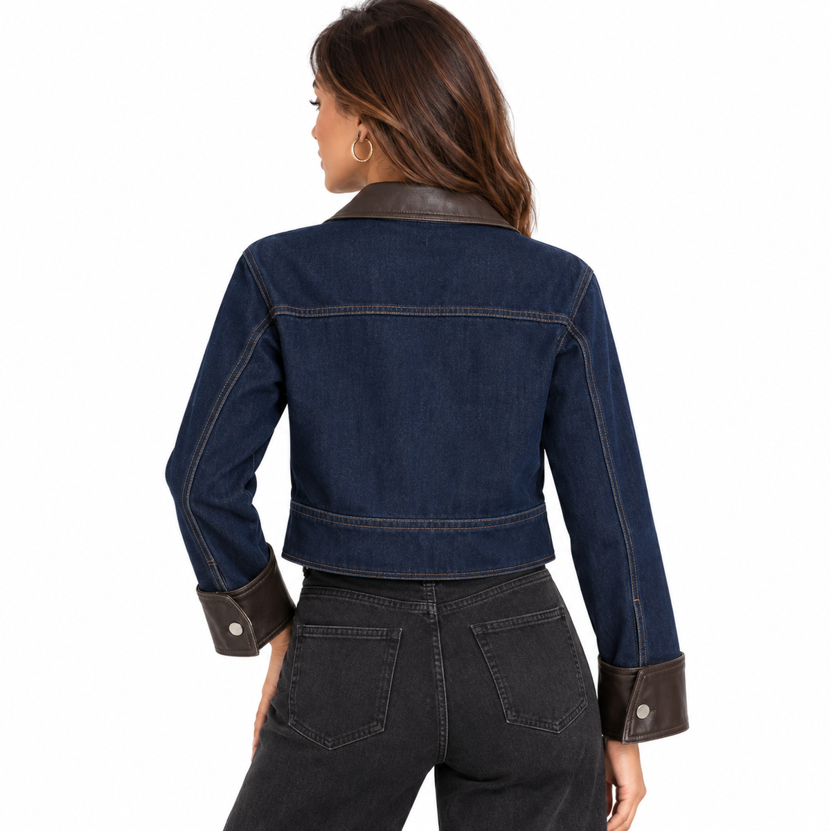 Veste en Jean Femme Courte avec Col et Poignets Simili Cuir – Veste Denim Chic Tendance