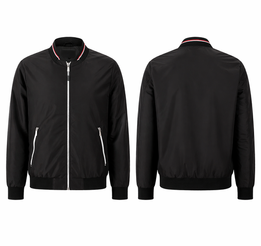 Blouson bomber homme noir zippé – coupe moderne, col rayé, style urbain élégant