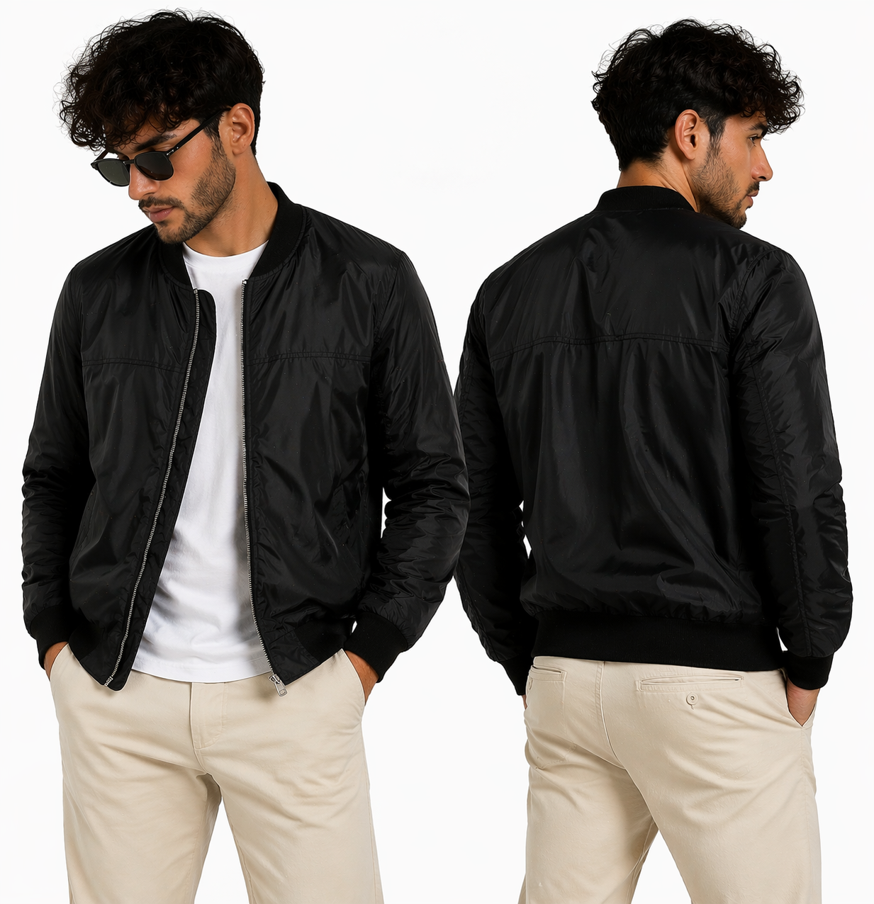 Veste bomber homme zippé – coupe ajustée, léger, style urbain noir & bleu marine
