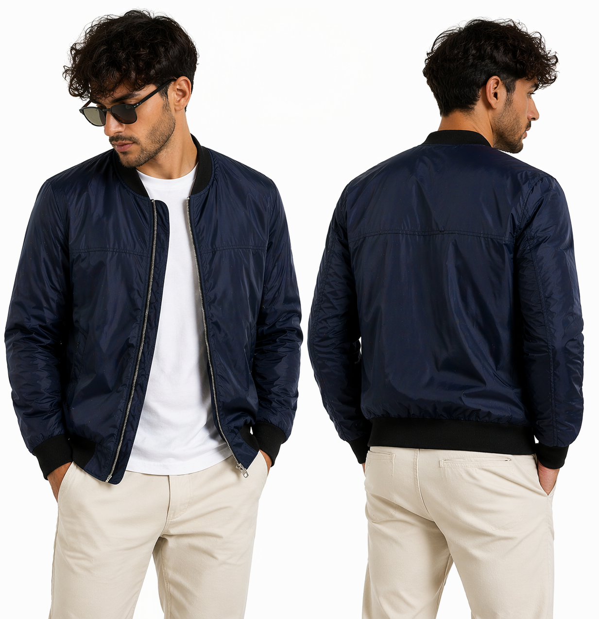 Veste bomber homme zippé – coupe ajustée, léger, style urbain noir & bleu marine