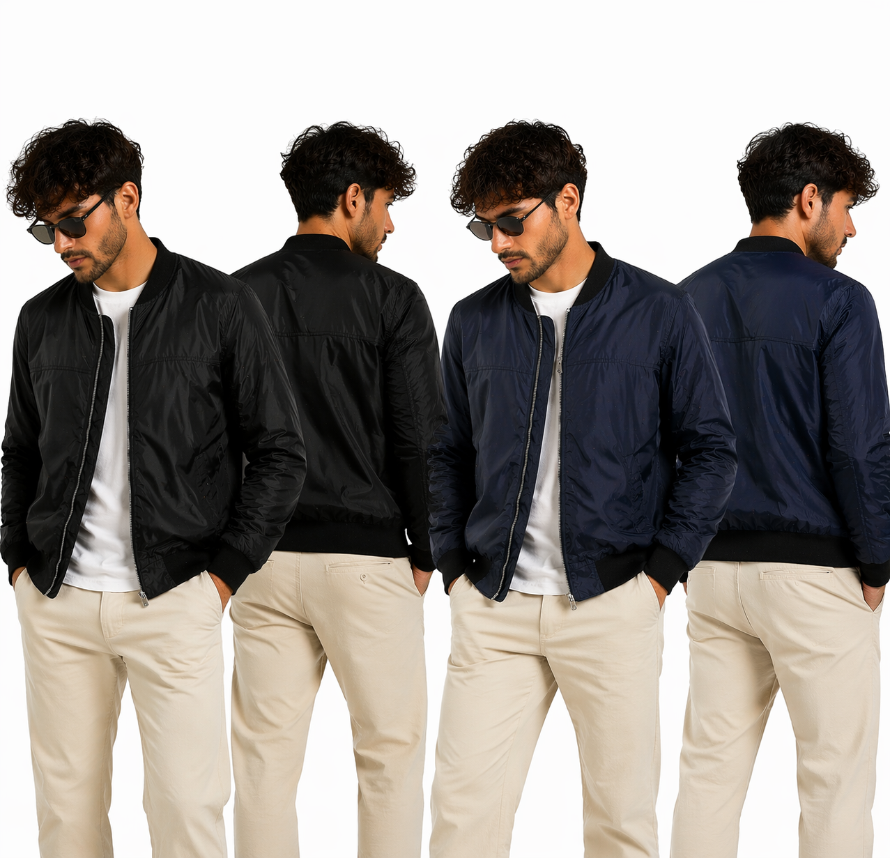 Veste bomber homme zippé – coupe ajustée, léger, style urbain noir & bleu marine