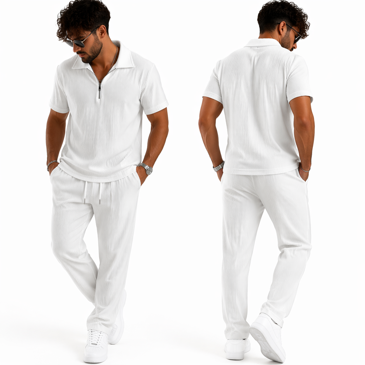 Ensemble homme côtelé été – t-shirt col zippé et pantalon, coupe moderne