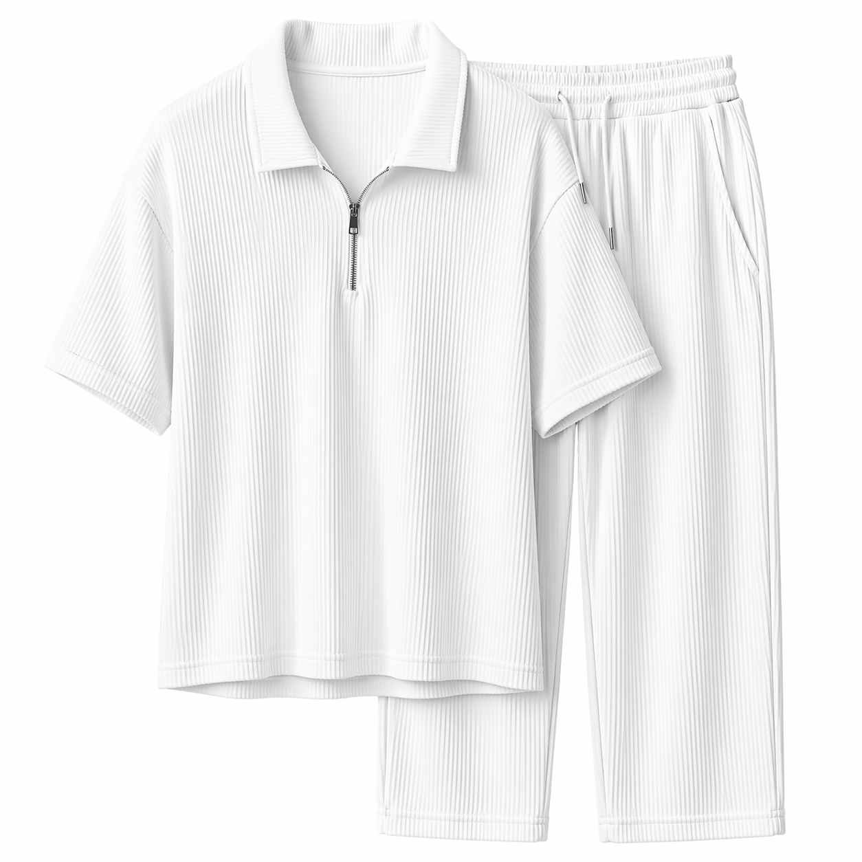 Ensemble homme côtelé été – t-shirt col zippé et pantalon, coupe moderne