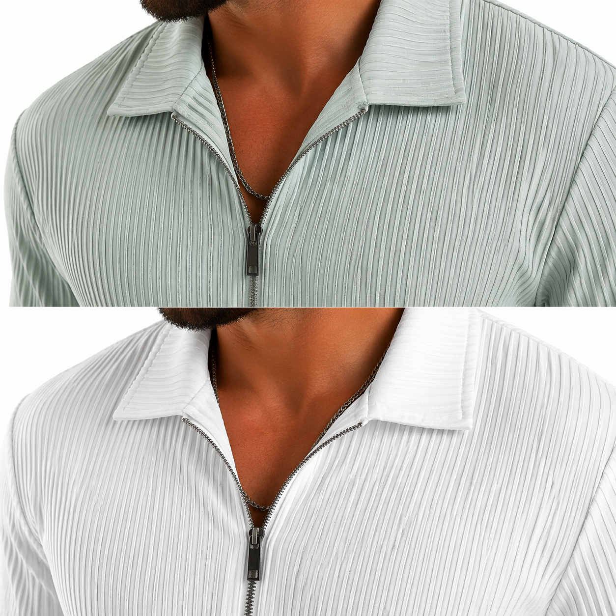 Ensemble homme côtelé été – t-shirt col zippé et pantalon, coupe moderne