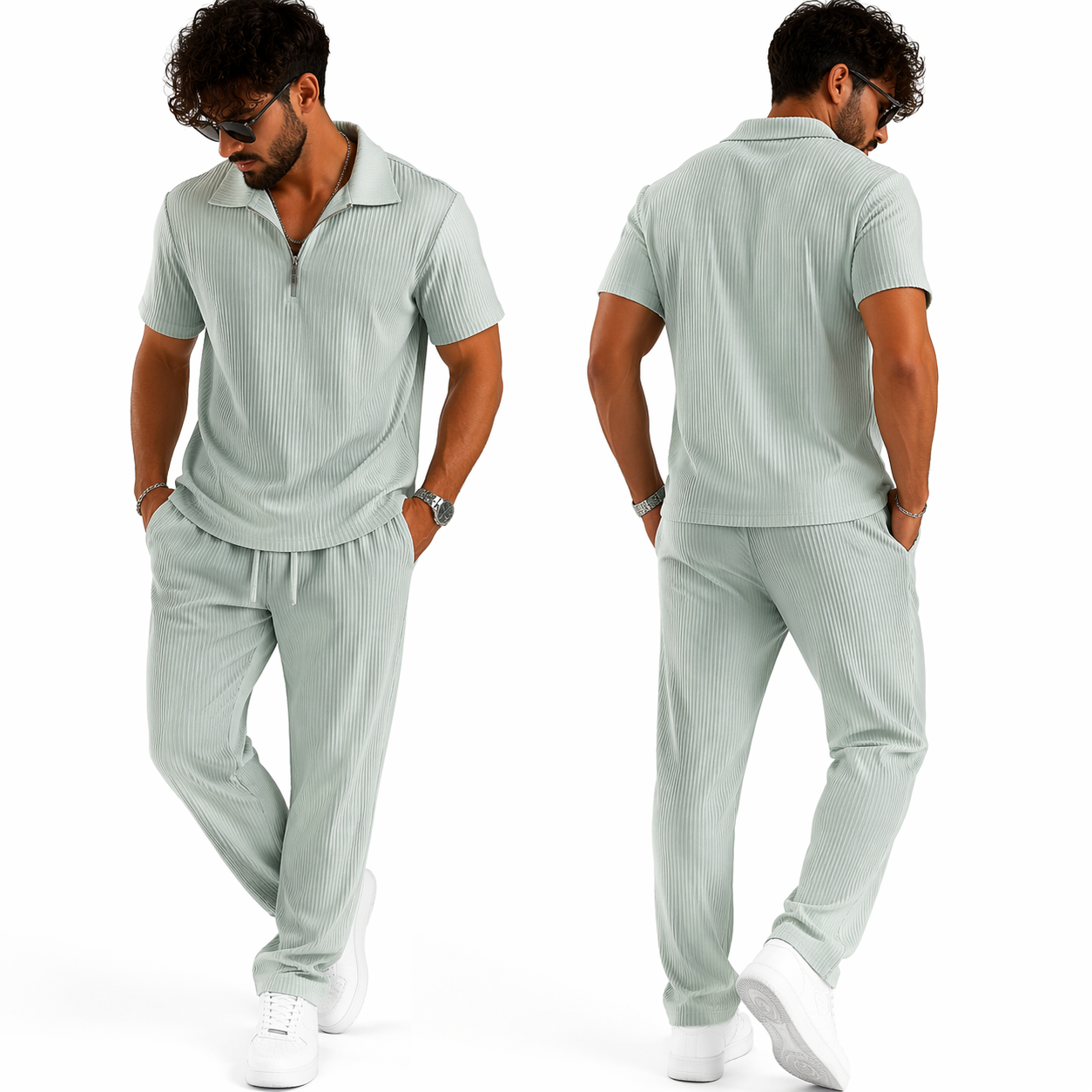 Ensemble homme côtelé été – t-shirt col zippé et pantalon, coupe moderne