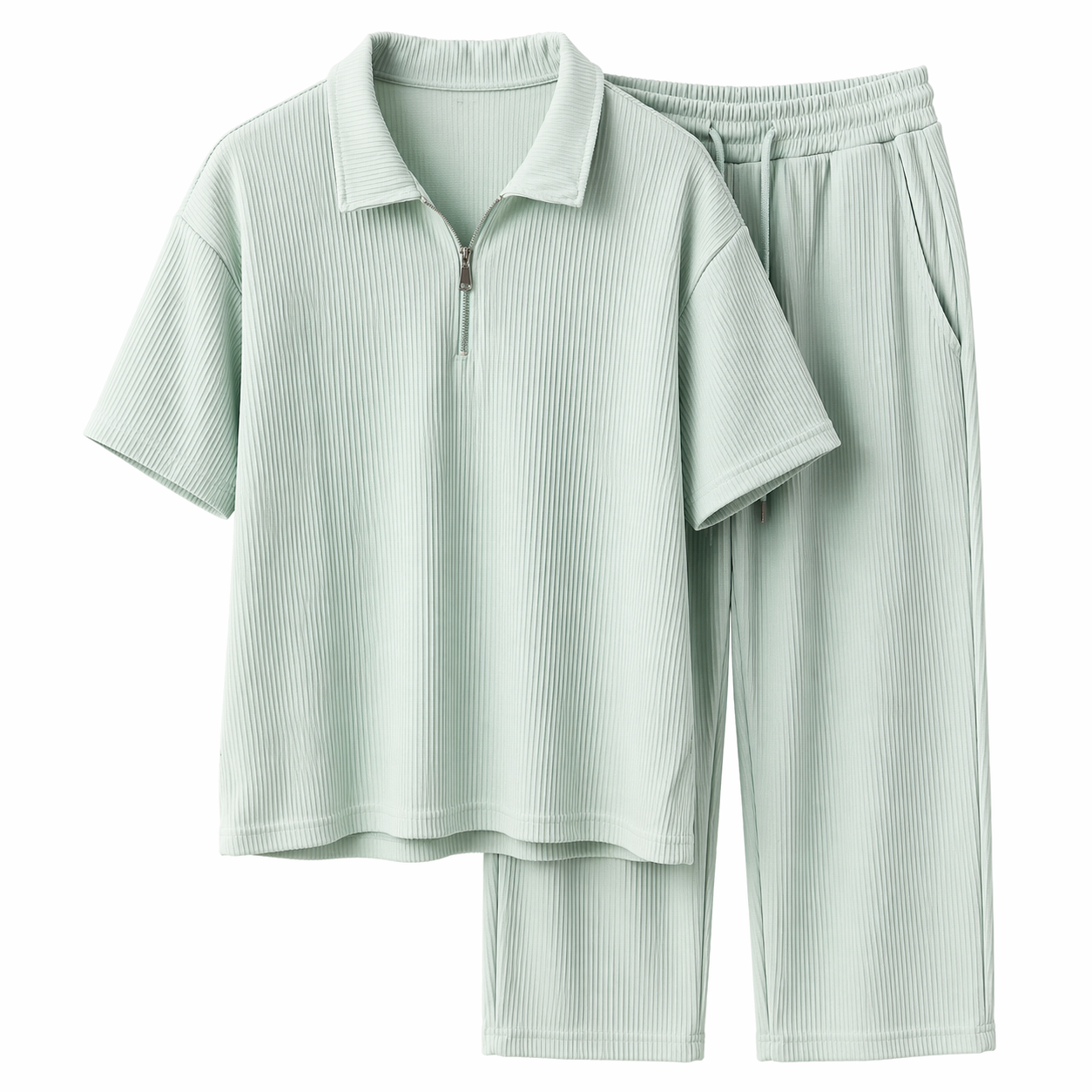 Ensemble homme côtelé été – t-shirt col zippé et pantalon, coupe moderne