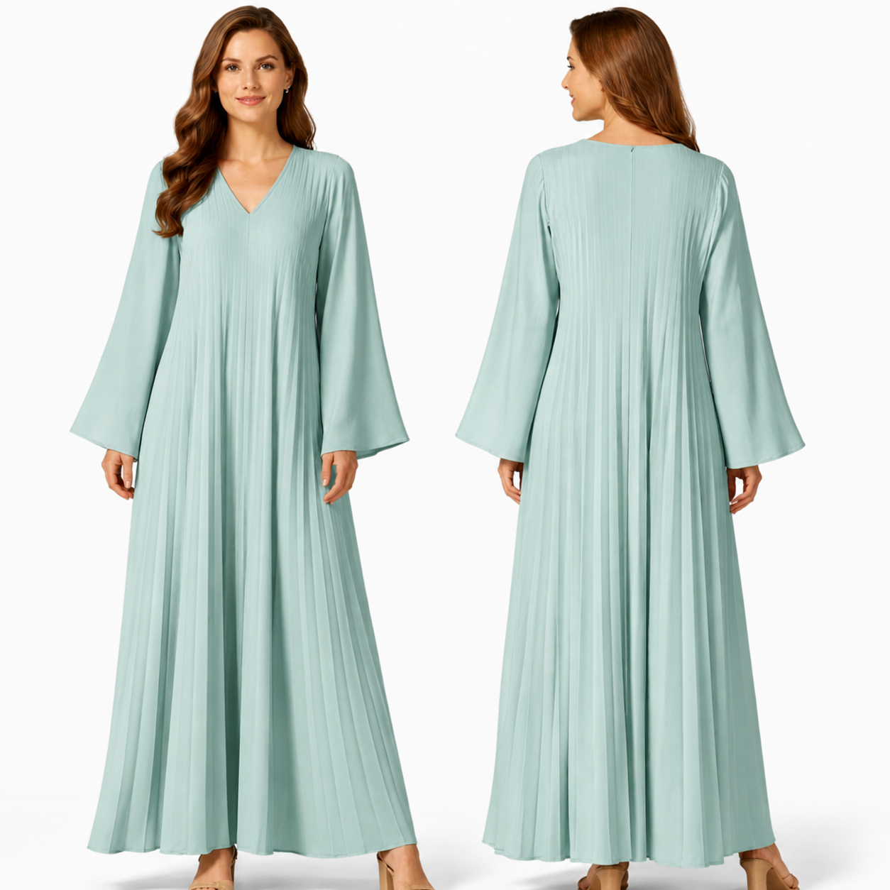 Robe longue plissée fluide col V – manches larges coupe oversize élégante
