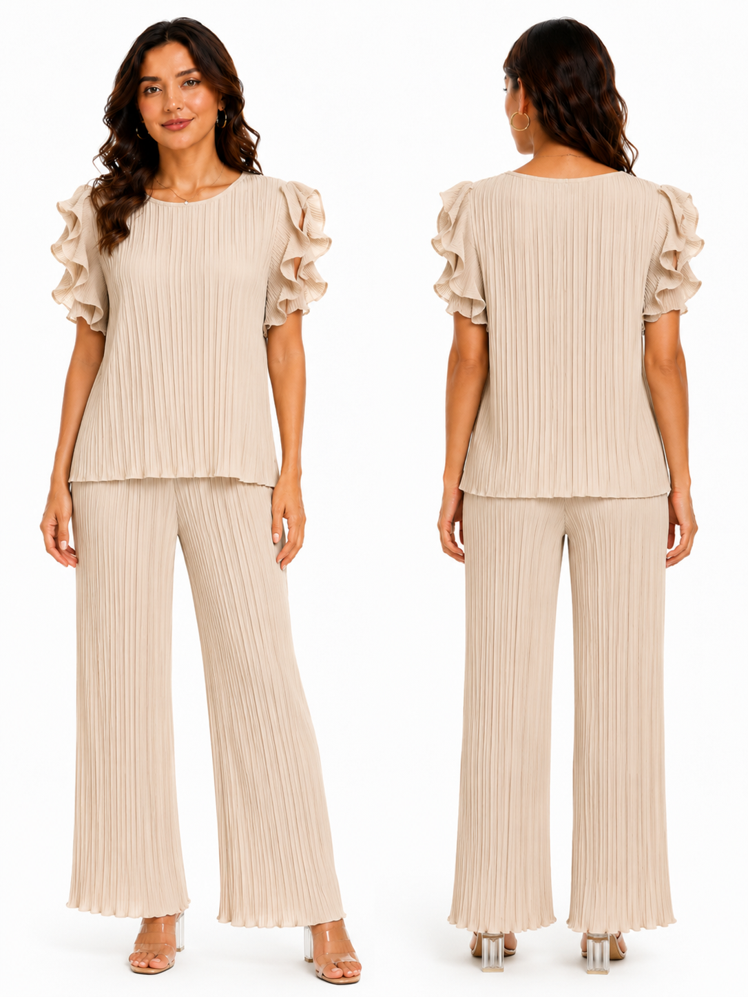 Ensemble Femme Plissé Chic Fluide Pantalon Large Élégant