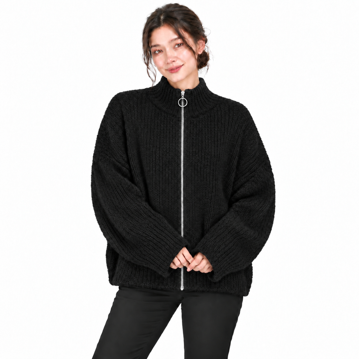 Gilet Femme Oversize en Maille Douce avec Col Zippé et Anneau Métallique