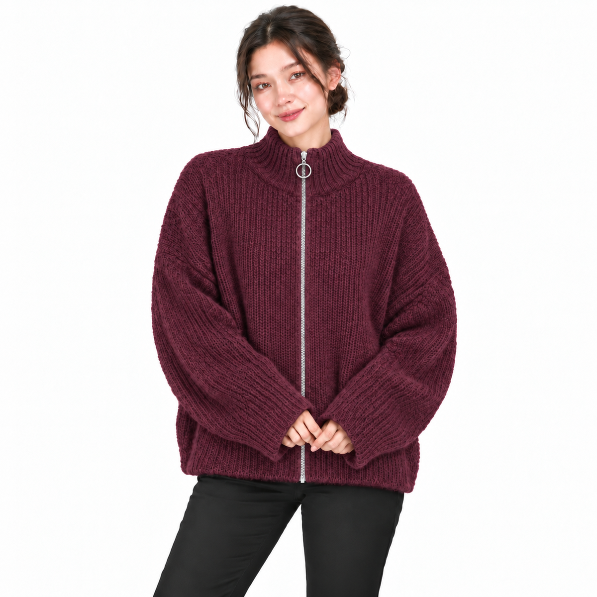 Gilet Femme Oversize en Maille Douce avec Col Zippé et Anneau Métallique