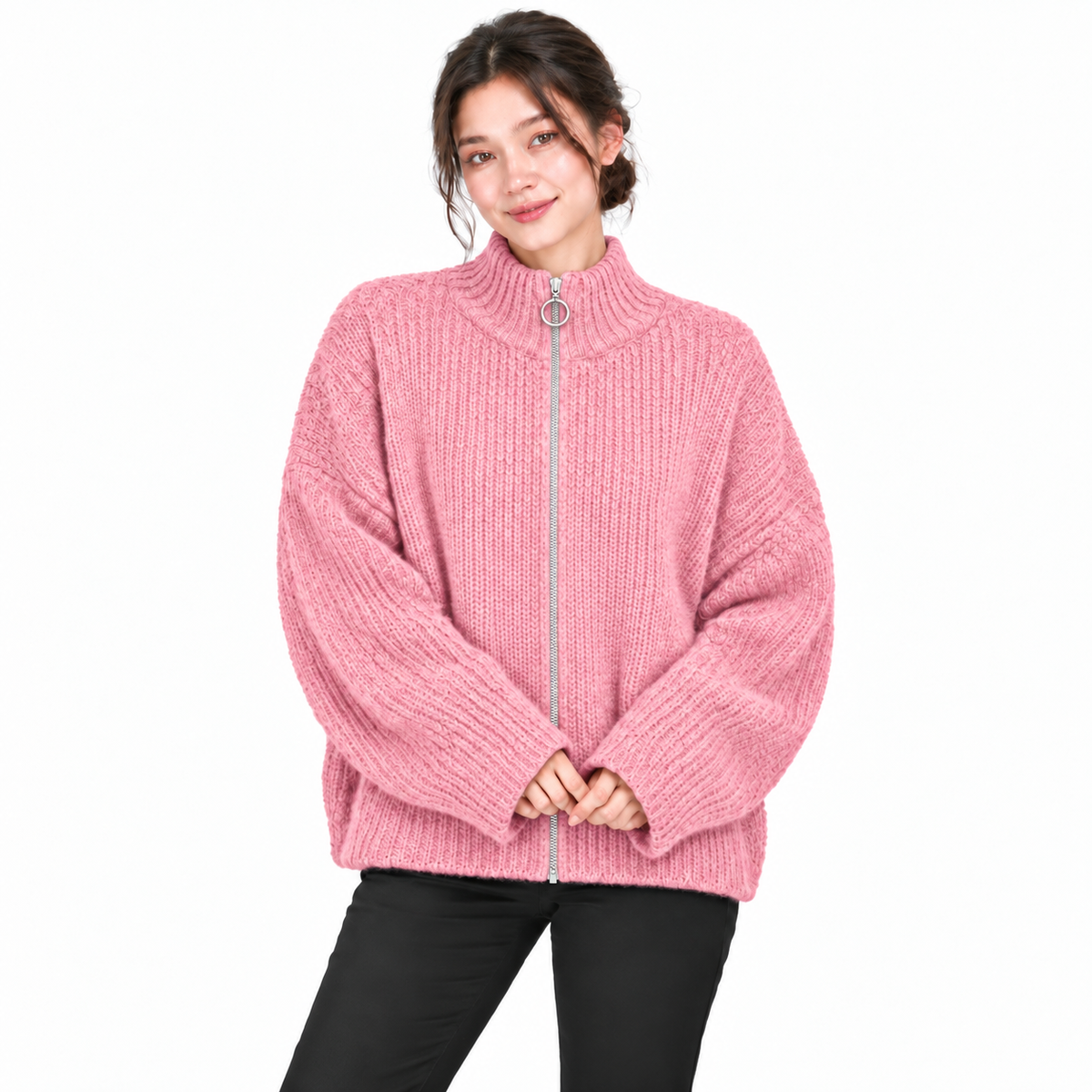 Gilet Femme Oversize en Maille Douce avec Col Zippé et Anneau Métallique