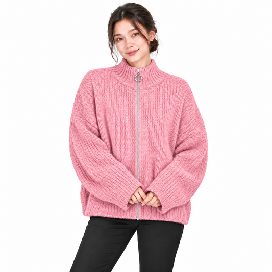 Oversize-Strickjacke für Damen aus weichem Strick mit Reißverschlusskragen und Metallring