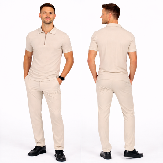 Men's Zippered Polo Shirt + Slim-Fit Trousers Set – Elegant Outfit & Everyday Comfort