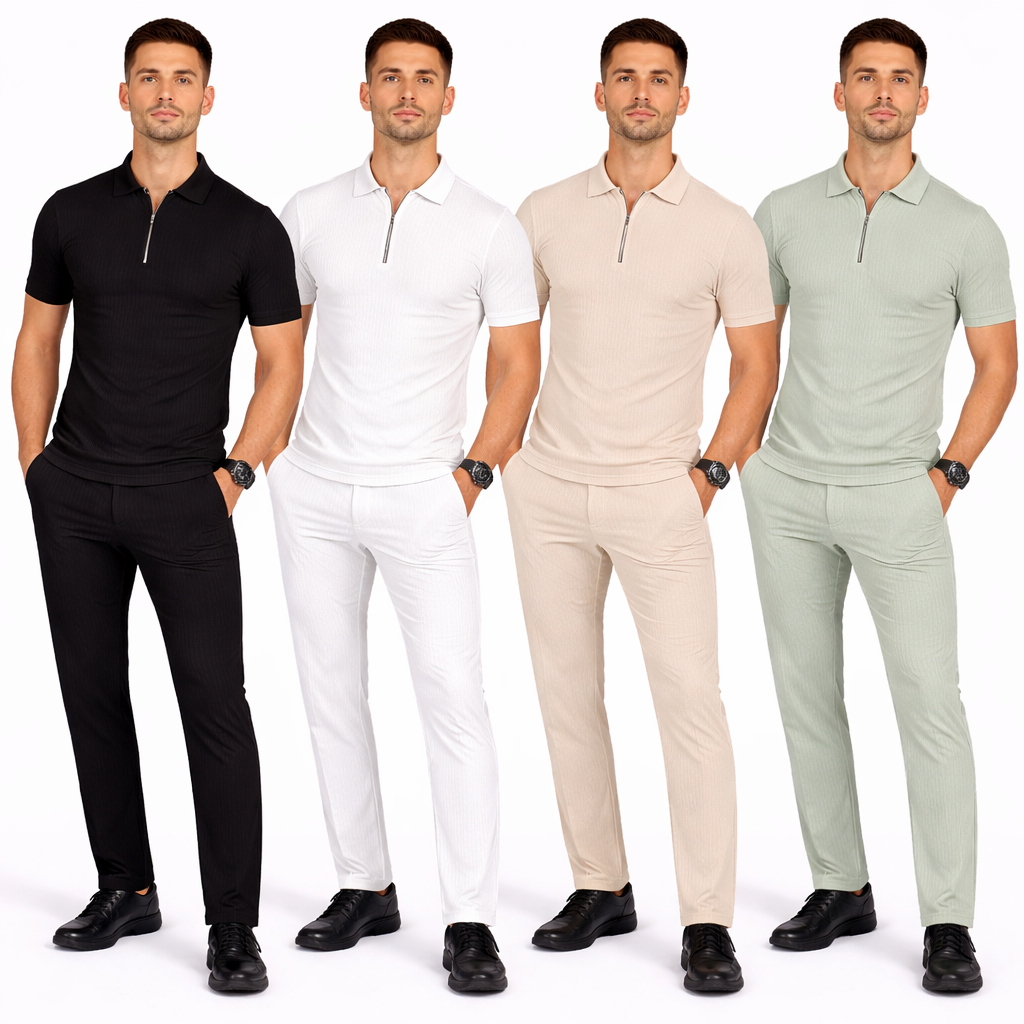 Ensemble Homme Polo Zippé + Pantalon Ajusté – Tenue Élégante & Confort Quotidien