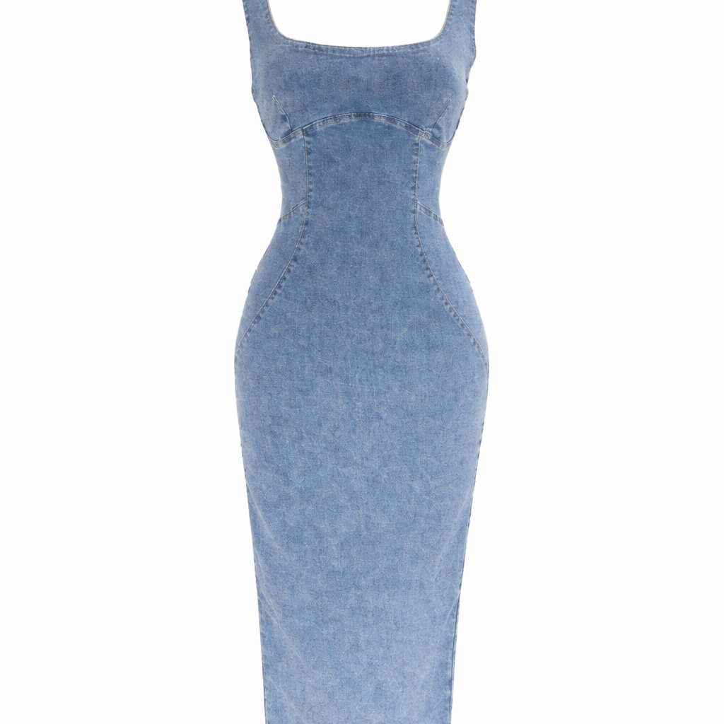 Women's form-fitting denim maxi dress – Sculpting fit, square neck, waist-cinching effect, elegant trendy summer dress