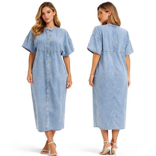 Women's Loose Denim Dress – Button-Down, Short Sleeve, with Pockets, Comfortable Trendy Casual Dress