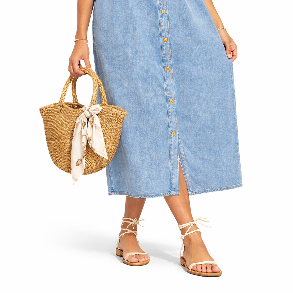 Robe denim femme ample – Boutonnée, manches courtes, avec poches, robe casual tendance confortable