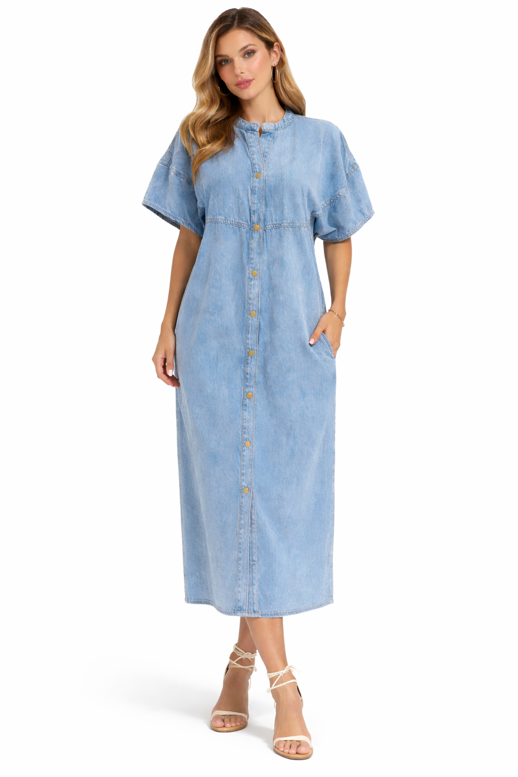 Robe denim femme ample – Boutonnée, manches courtes, avec poches, robe casual tendance confortable