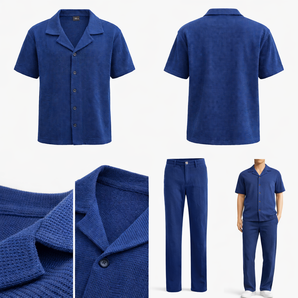 Ensemble homme texturé premium – Chemise manches courtes + pantalon coupe droite, style élégant et confortable