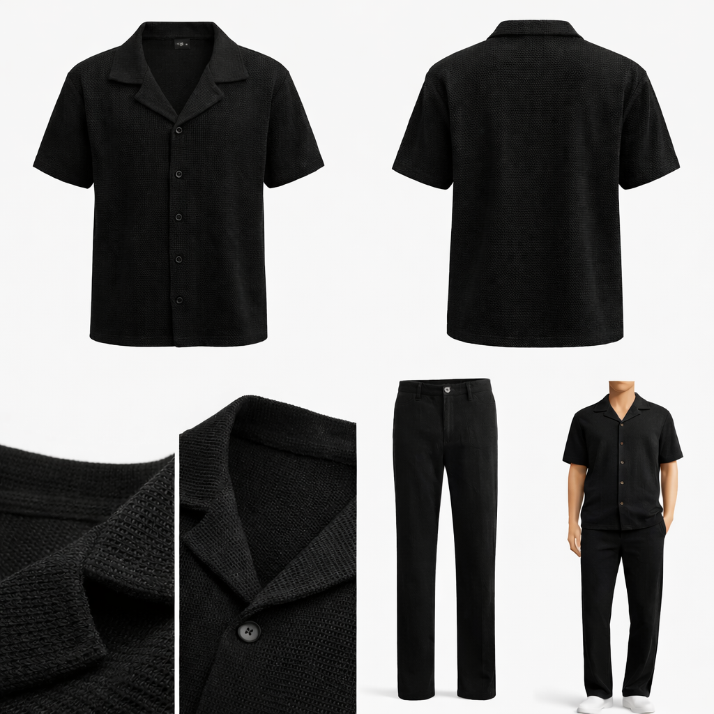 Ensemble homme texturé premium – Chemise manches courtes + pantalon coupe droite, style élégant et confortable