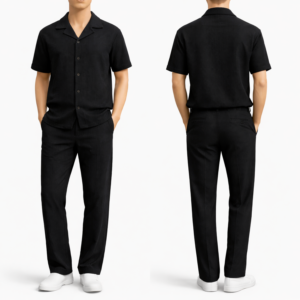 Ensemble homme texturé premium – Chemise manches courtes + pantalon coupe droite, style élégant et confortable