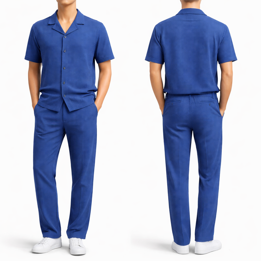 Ensemble homme texturé premium – Chemise manches courtes + pantalon coupe droite, style élégant et confortable