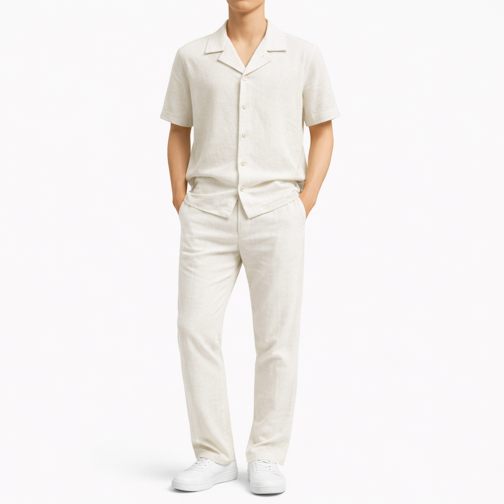 Ensemble homme premium Chemise manches courtes, pantalon élégant, tenue estivale chic et confortable