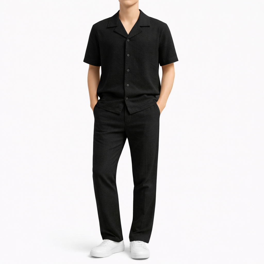 Ensemble homme premium Chemise manches courtes, pantalon élégant, tenue estivale chic et confortable
