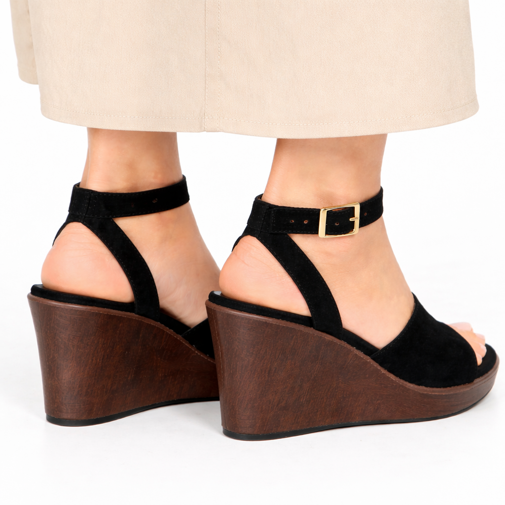 Sandales Compensées Femme Élégantes – Bride Large & Sangle Cheville avec Boucle Dorée, Confort & Style Été