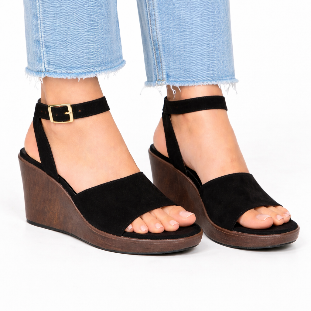 Sandales Compensées Femme Élégantes – Bride Large & Sangle Cheville avec Boucle Dorée, Confort & Style Été
