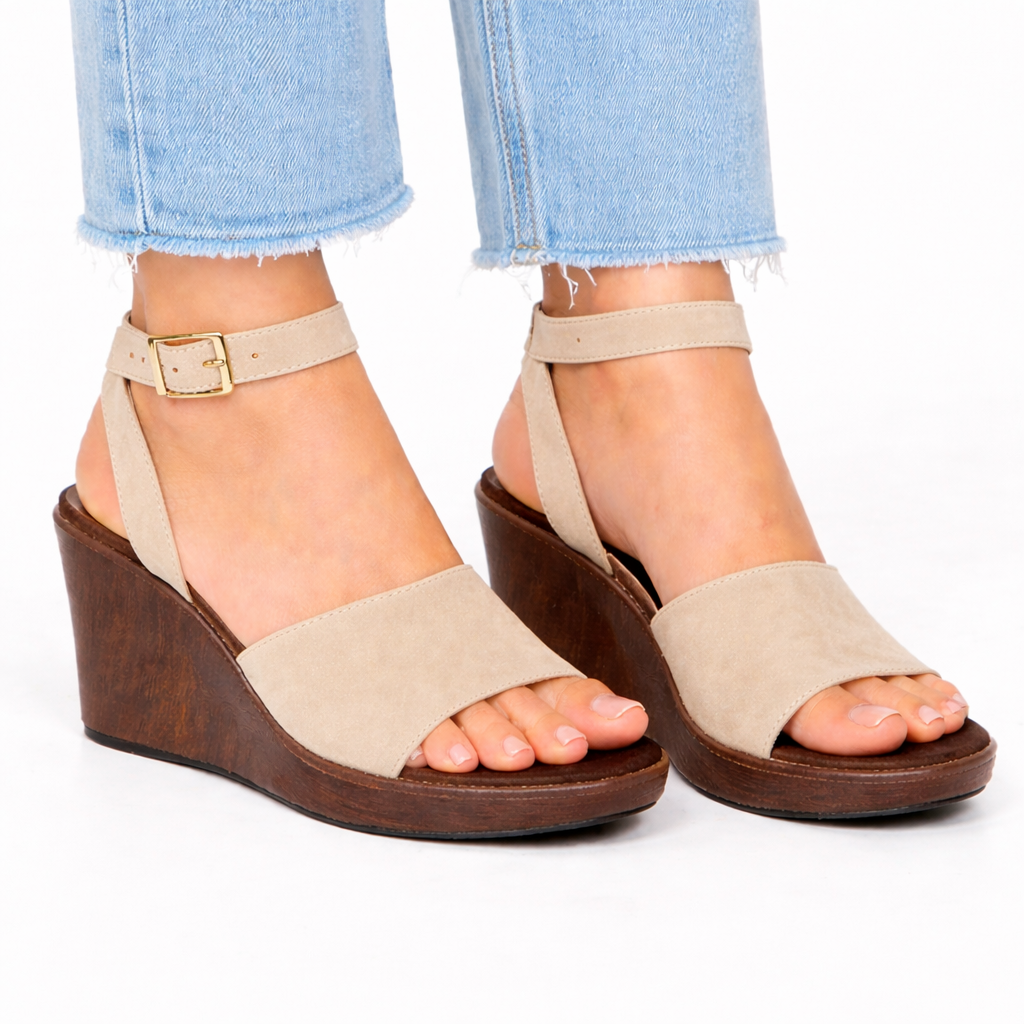 Sandales Compensées Femme Élégantes – Bride Large & Sangle Cheville avec Boucle Dorée, Confort & Style Été
