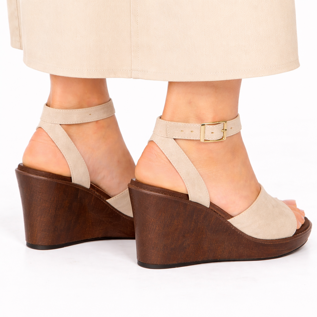 Sandales Compensées Femme Élégantes – Bride Large & Sangle Cheville avec Boucle Dorée, Confort & Style Été