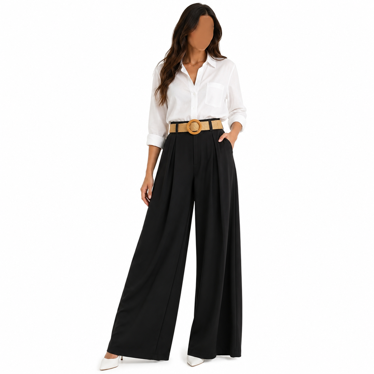 Pantalon Palazzo Femme Taille Unique avec Ceinture Tressée